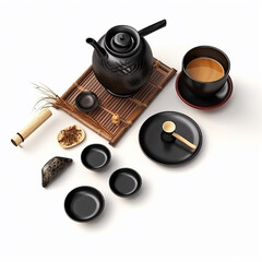 Background set of elements for the tea ceremony, mugs, bowls, teapots, mats, on a white background, ai generaitve