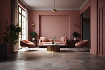 Fototapeta premium Interior of a brown living room with a tiled floor, a pink sofa, and two armchairs next to a coffee table. a mockup. Generative AI