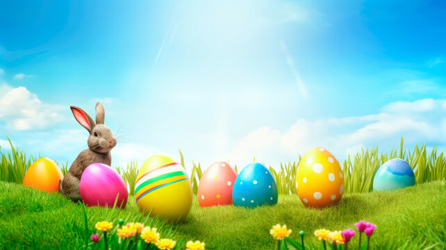 Easter banner with copy space. Easter colorful eggs and happy bunny on green grass on meadow. Easter eggs In spring flowers field. Generative AI