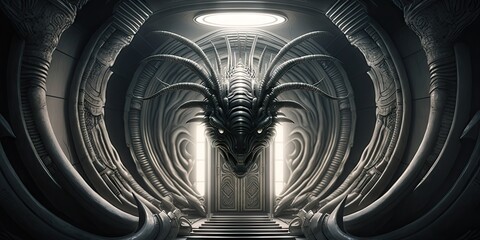 Horror in Space: Sci-Fi Style Interior of an Alien Mothership. Generative AI