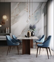 A contemporary dining room style with blue and grey wall. Generative AI.