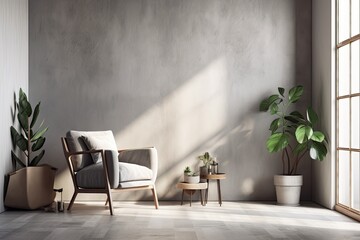 interior of a contemporary, minimalist living room with a mock up wall and a loft wall. Generative AI