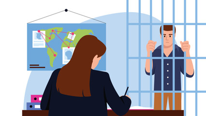 Vector illustration of a prisoner behind bars. Cartoon scene with a prisoner behind bars and a female police officer interrogating a suspect in a crime and recording a statement on a white background. - obrazy, fototapety, plakaty