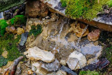 Small waterfall in the forest. Spring in the forest. Small waterfall in the forest.