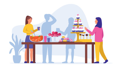 Vector illustration of party with candy bar, drinks: lemonade, macaroons, cupcakes, apples, cakepops. Cartoon scene with a guy and a girl talking, pouring lemonade, taking a cupcake on a white.