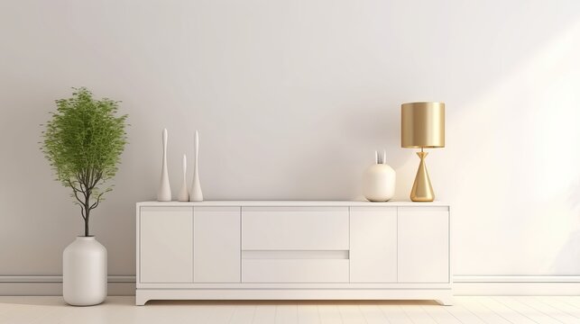 A modern living room white cabinet sofa sideboard with glass lamp in modern 3d mockup. Generative AI.