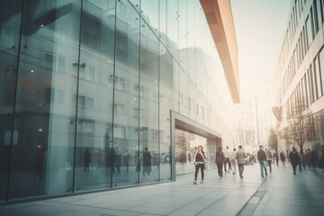 Modern building architecture with blurred peoples walking on the street made with Generative AI