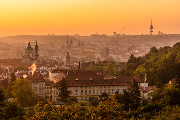 Fototapeta na wymiar Early morning aerial view of Prague, Czech Republic