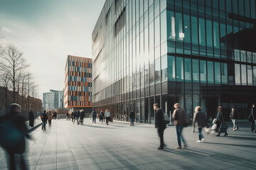Modern building architecture with blurred peoples walking on the street made with Generative AI
