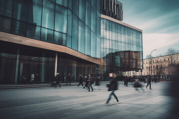 Modern building architecture with blurred peoples walking on the street made with Generative AI