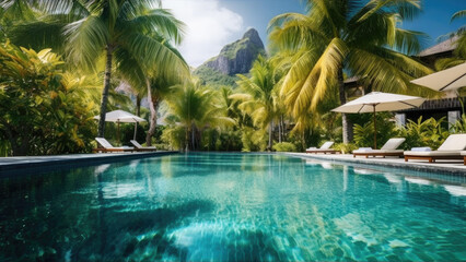 Fototapeta na wymiar Large swimming pool in a hotel on a tropical island. Generative ai.