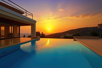 Modern property with blue private pool, sunrise. Generative ai.