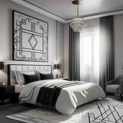 contemporary bedroom with a monochromatic color scheme of black, white and gray