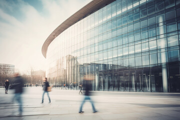 Obraz premium Modern building architecture with blurred peoples walking on the street made with Generative AI