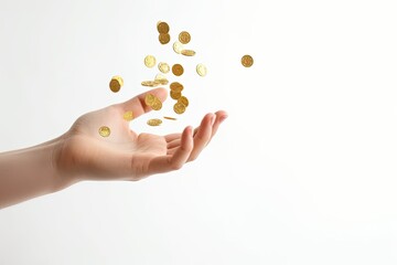 Fototapeta na wymiar A lot of gold coins fall into a man's hand on a white background. Generative ai.