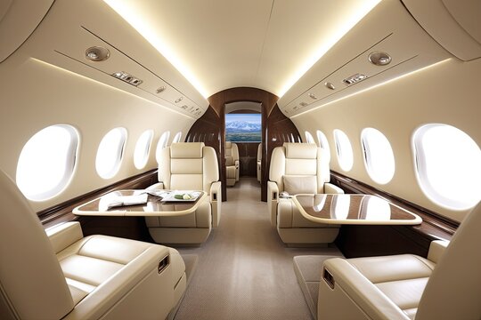 White interior of a luxury business jet. Generative ai.