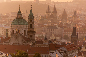 Early morning aerial view of Prague with St. Nicholas Church, Czech Republic