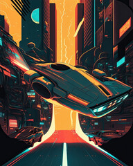 illustration of a spaceship flying in downtown