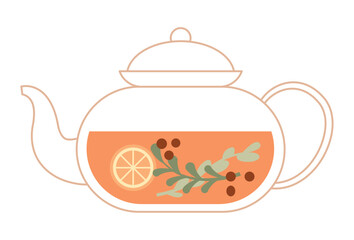 Tea in cups, mugs, bowls and teapot. Hot healthy drinks and winter warming beverages set. Fresh matcha, white, green, black, herbal, fruit tea. Flat vector illustration isolated on white background