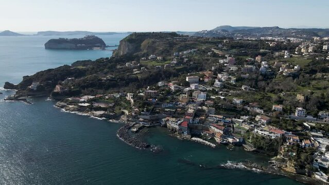 Aerial view of Marechiaro, a small harbour along the coastline in Naples, Campania, Italy.