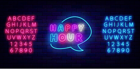 Happy hour neon label. Handwritten sign in speech bubble on brick wall. Vector stock illustration