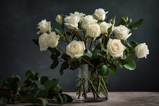 For a Valentine's Day wedding, white roses are displayed in a glass vase on a white tabletop with copy space for product placement. Generative AI