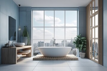 Fototapeta na wymiar The inside of a modern bathroom features a white bathtub, a blue empty wall, ceramic tile flooring, a wooden barrier, and a panoramic window. concept for a relaxing space with a minimalist style. clos