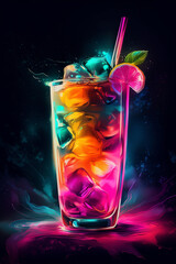 fruchtiger Cocktail mit Früchten in Neonfarben und Neonlicht. Digital Painting. Generative Ai. 
