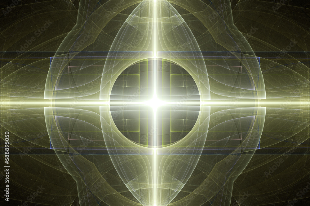 Poster yellow glowing pattern of crooked waves and rays on a black background. abstract fractal 3d renderin