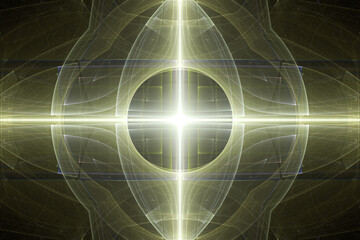 Yellow glowing pattern of crooked waves and rays on a black background. Abstract fractal 3D rendering