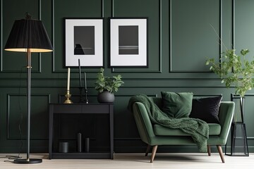 Fine apartment's stylish living room interior with mock up poster frame in black, plant, camera, box, and elegant accessories on the shelf. paneling made of green wood. staging a home today. Template