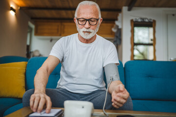 Man senior caucasian male use device to measure blood pressure at home