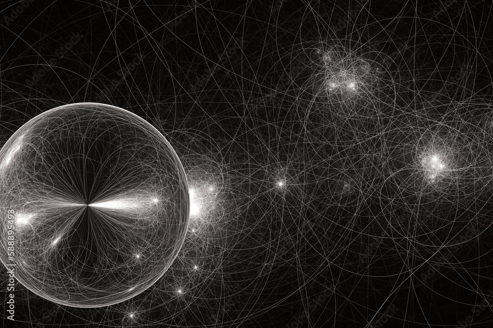 Poster white pattern of crooked threads with a transparent sphere on a black background. abstract fractal 3