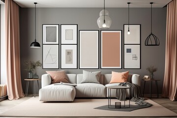Presentation of a poster or photograph in a mock up poster gallery wall with six frames in a solid room in pastel ash gray. Generative AI