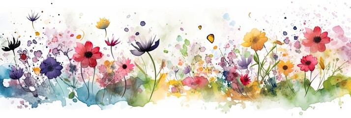 Colorful watercolor abstract flower meadow background. Rainbow wildflower wallpaper.