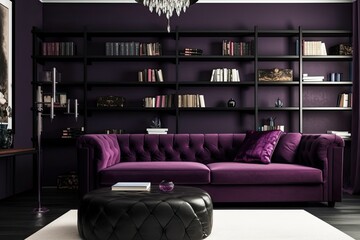 living room painted in purple and black. A vibrant emphasis is provided by the Veri Pery colored sofa and shelving. Design of a dark chamber. Generative AI
