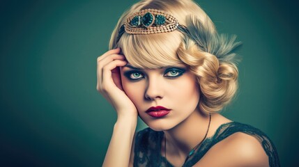 Fototapeta premium Vintage art deco retro model. Beautiful 1920s Great Gatsby model woman.
