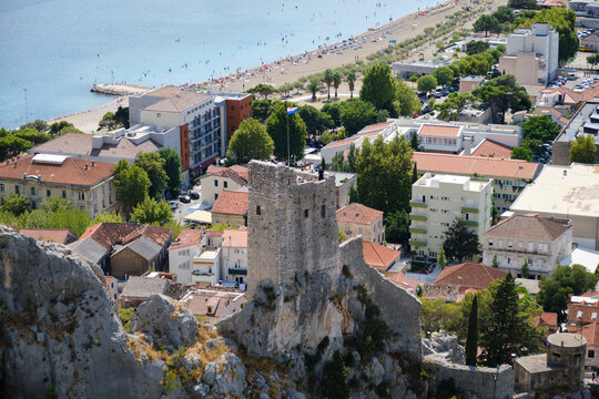 Mirabela Fortress (Peovica) in Omis, Croatia. Ruins of a hilltop fortress with views of the sea and the old town.