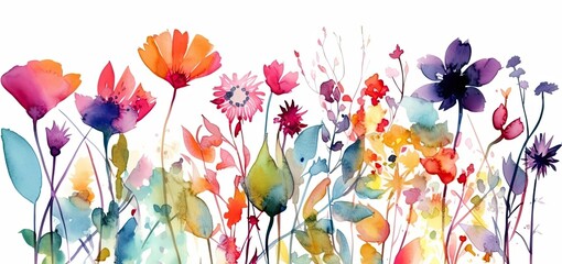 Colorful watercolor abstract flower meadow background. Rainbow wildflower wallpaper.