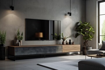 Create a mockup of a wall mounted TV in a dim space with a concrete wall. Generative AI