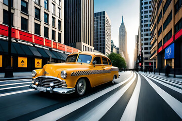 Fototapeta na wymiar Yellow taxi moving over street. AI generated illustration