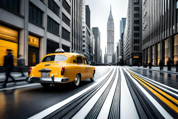 Yellow taxi moving over street. AI generated illustration
