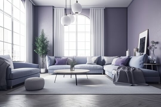 huge sofas in the living room lounge. Violet blue is a popular color for 2022. Mockup of an empty gray painting on a blank wall. Interior and furniture design with a lavender and white color scheme