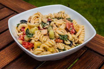 Bowl of vegetable pasta salad