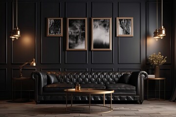 Interior design of a contemporary classic black living room with a brown leather sofa and a blank canvas mockup on a dark grey wall. Generative AI