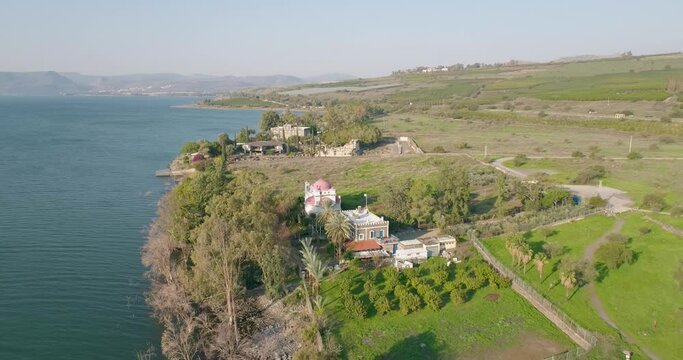 Aerial view of a religious sit by the lake, Capernaum, Sea of Galilee, Israel.
