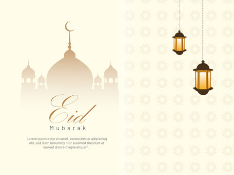 Eid mubarak calligraphy design, eid mubarak banner with hanging lantern and text