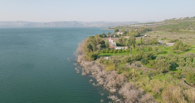 Aerial view of a religious sit by the lake, Capernaum, Sea of Galilee, Israel.