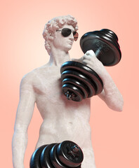 Statue of David by Michelangelo with dumbbells and sunglasses. 3d rendering - 588897430