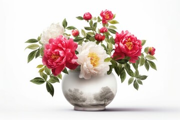 Isolated on a white background, decorative peony and bougainvillea in a porcelain vase. Generative AI